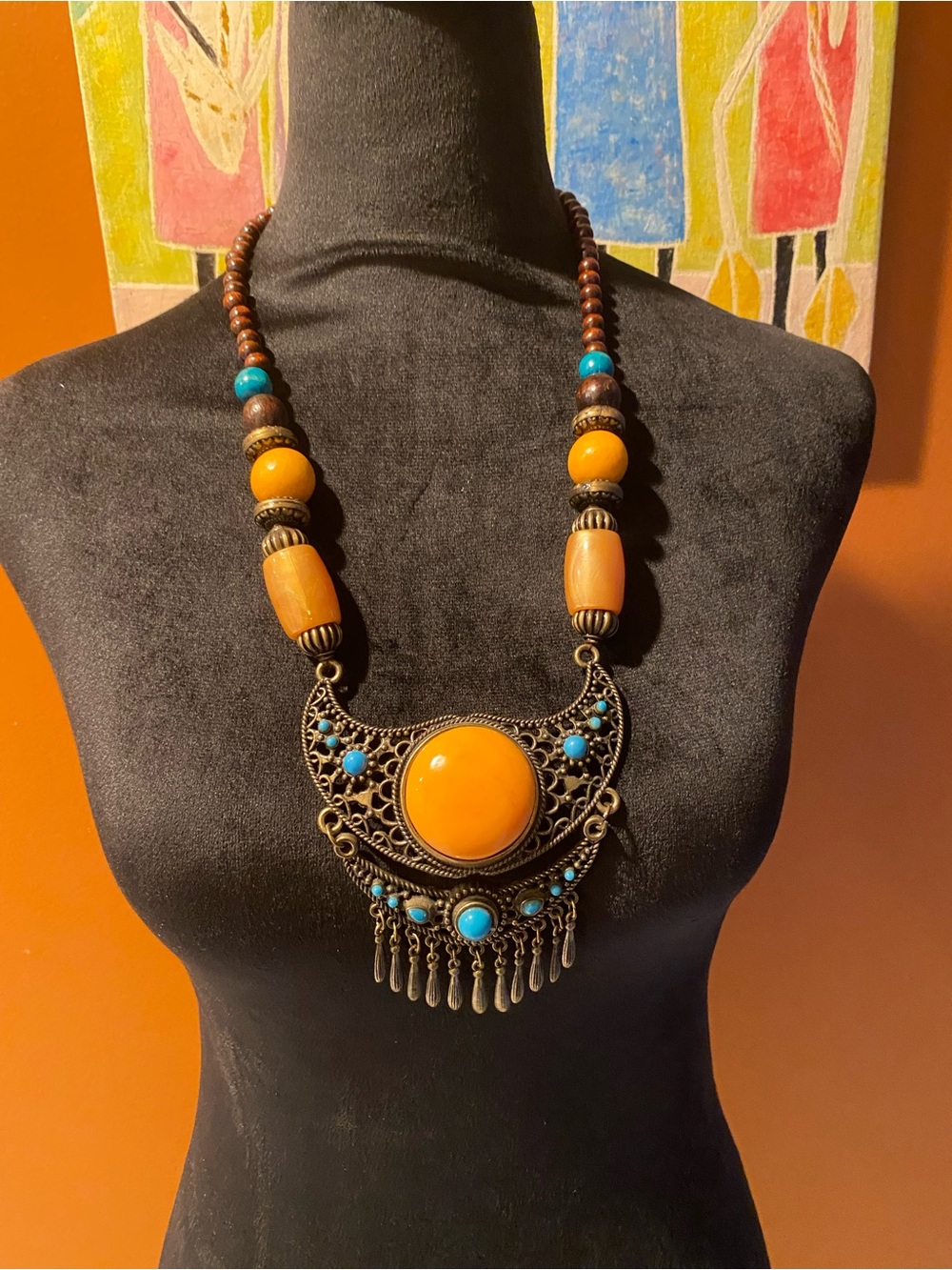 Vintage Orange and Turquoise Filigree Pendant Necklace